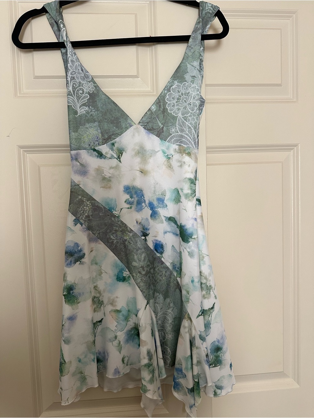 Tiger Mist White Dress with Blue & Green Watercolor Floral